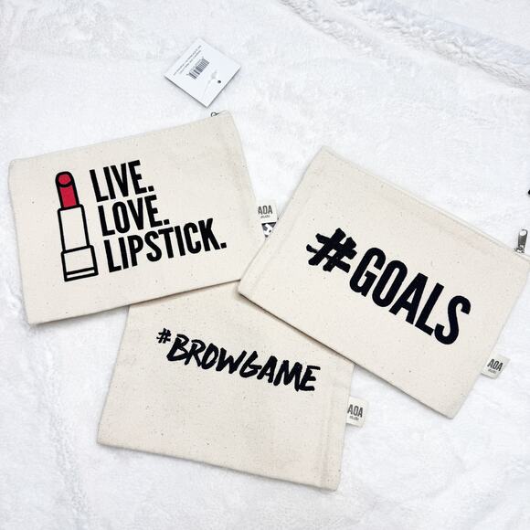 AOA Cream Canvas Makeup Zipper Travel Bags Set of 3 NEW - Picture 1 of 4